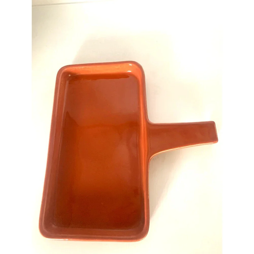 Vintage Coral Ceramic Rectangular Cornbread Tray Platter  w/Handle Made USA MCM